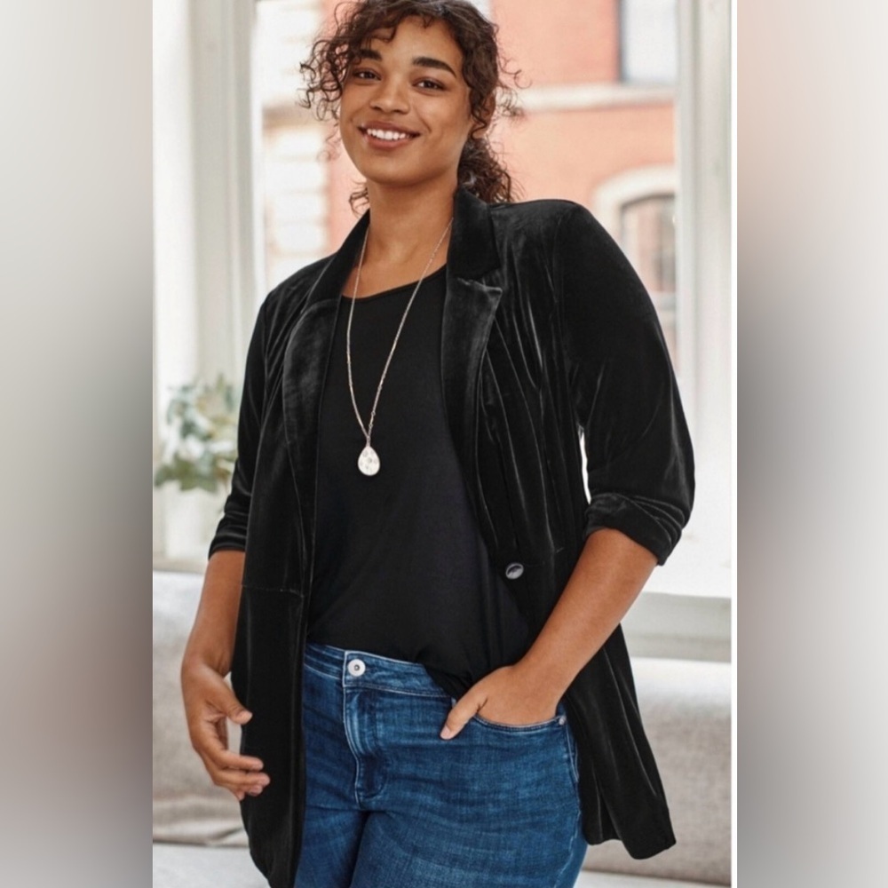 J. Jill Wearever Stretch Velvet Blazer Jacket Black 1 Button Side Pockets Large